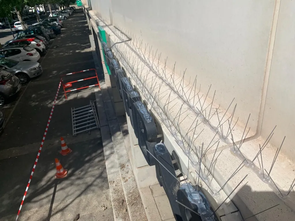 Ligne de pics anti-volatiles sur un bandeau béton, le long d’un parking